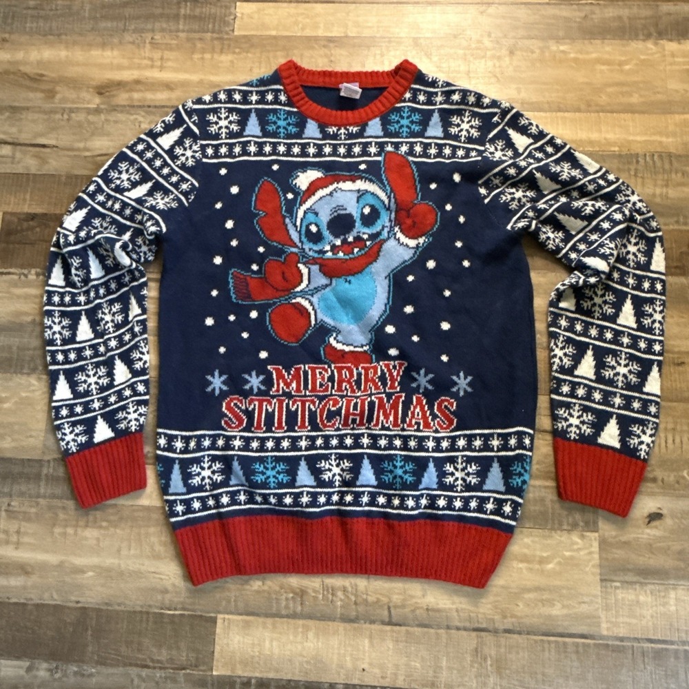 Disney Lilo & Stitch Christmas Sweater Merry Stitchmas Blue Snowflake Sweater L